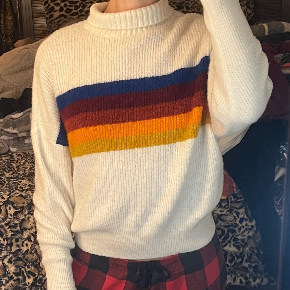 Express Cream Sweater with Blue, Red, and Yellow Stripes
